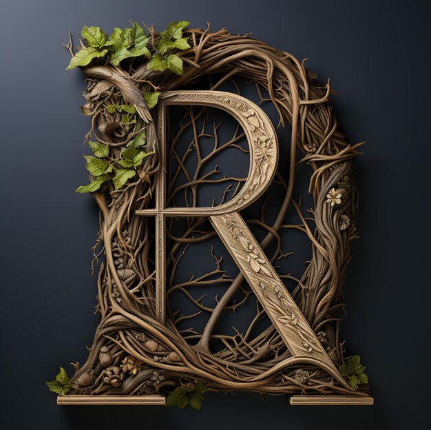 a letter in a wooden frame with ivy on it