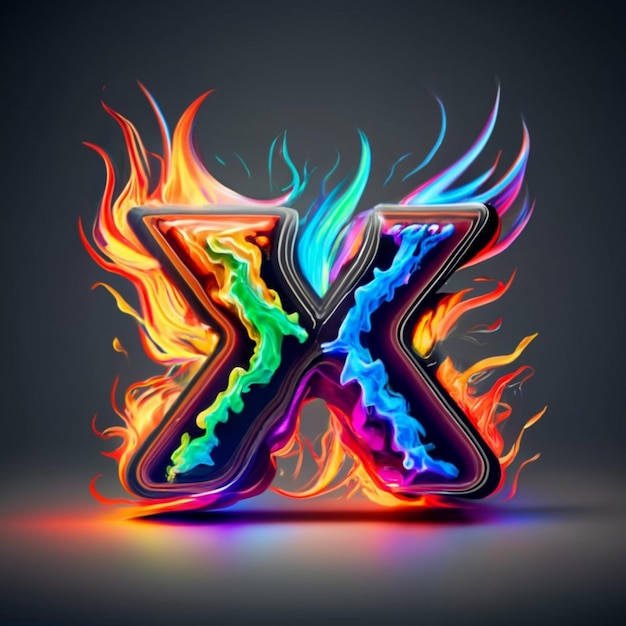 Foto una lettera x fatta di fuoco arcobaleno con sfondo nero