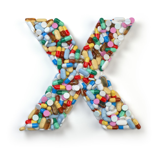文字X。白で隔離の薬の丸薬、カプセル、錠剤、水ぶくれのアルファベットのセット。 3Dイラスト