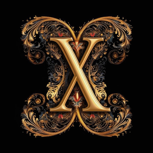 A letter X with gold leaves and flowers on a black background