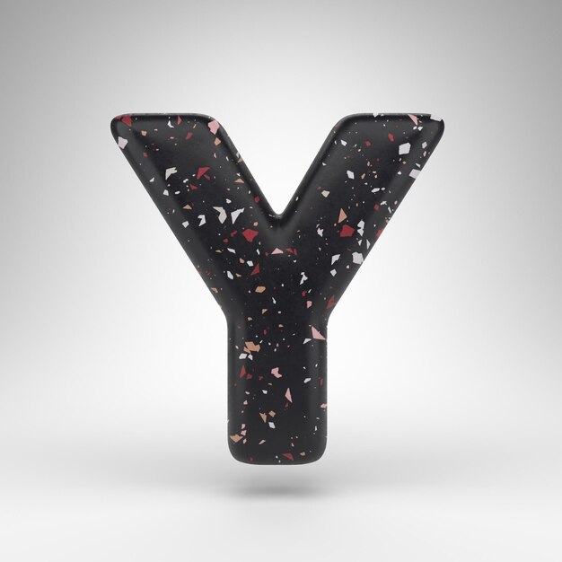 Letter Y hoofdletters op witte achtergrond. 3D-gerenderde lettertype met zwarte terrazzo patroon textuur.