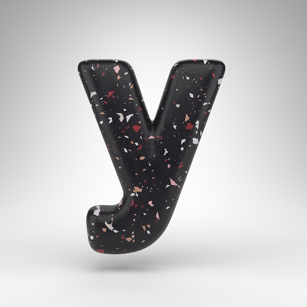 Letter Y lowercase on white background. 3D rendered font with black terrazzo pattern texture.