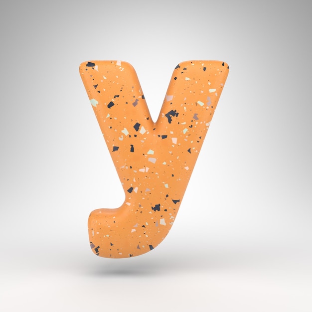 Letter Y lowercase on white background. 3D rendered font with orange terrazzo pattern texture.