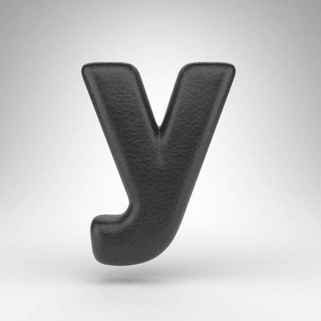 Letter Y lowercase on white background. Black leather 3D rendered font with skin texture.