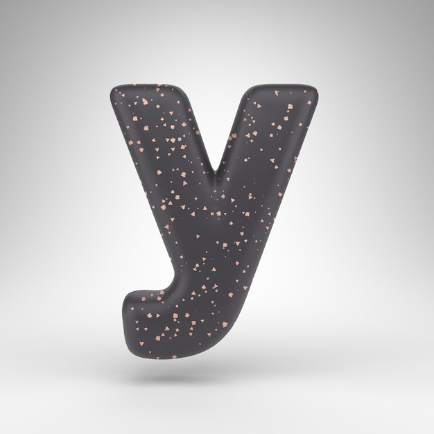 Letter Y lowercase on white background. Black matte 3D rendered font with copper dots texture.