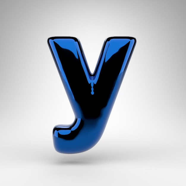 Letter Y lowercase on white background. Blue chrome 3D rendered font with glossy surface.