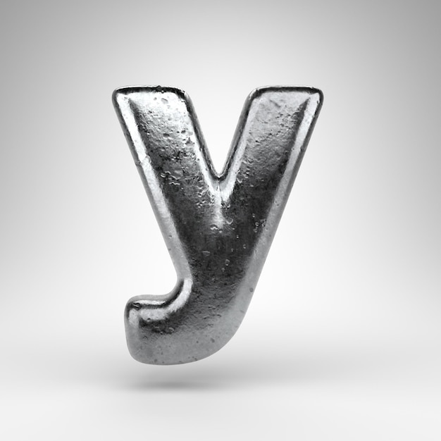 Letter Y lowercase on white background. Iron 3D rendered font with gloss metal texture.