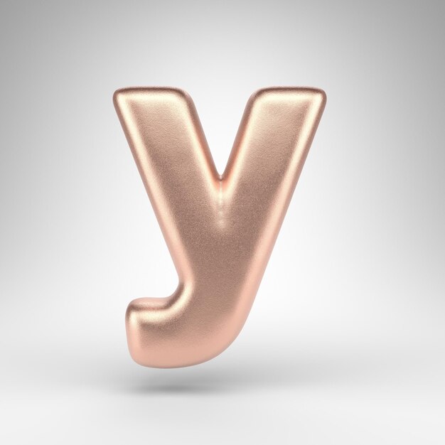 Letter Y lowercase on white background. Matte copper 3D rendered font with shiny metallic texture.