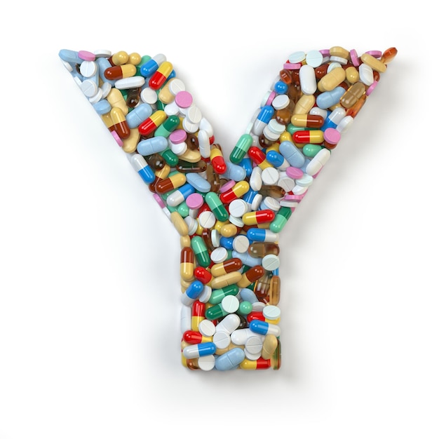 Letter Y Set van alfabet van geneeskunde pillen capsules tabletten en blisters geïsoleerd op wit