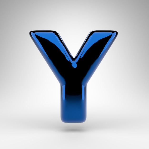Буква Y в верхнем регистре на белом фоне. Синий хромированный 3D-шрифт с глянцевой поверхностью.
