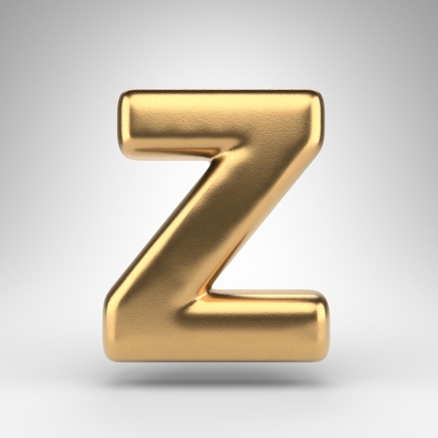 Letter Z hoofdletters op witte achtergrond. Gouden 3D-gerenderde lettertype met glanzende metalen textuur.