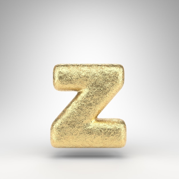 Letter Z lowercase on white background. Creased golden foil 3D rendered font with gloss metal texture.