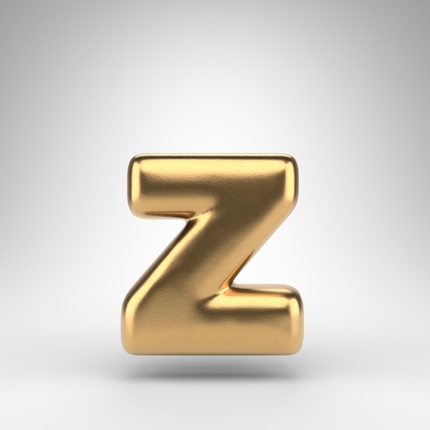 Строчная буква Z на белом фоне. Золотое письмо 3D с металлической текстурой блеска.