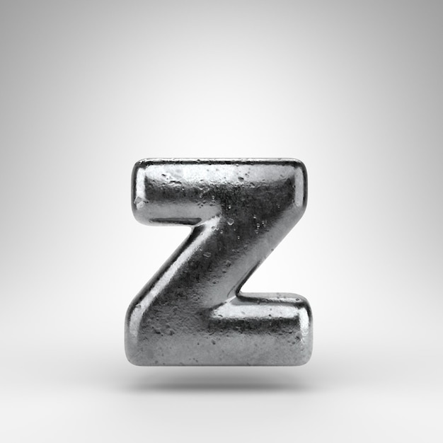 Letter Z lowercase on white background. Iron 3D rendered font with gloss metal texture.