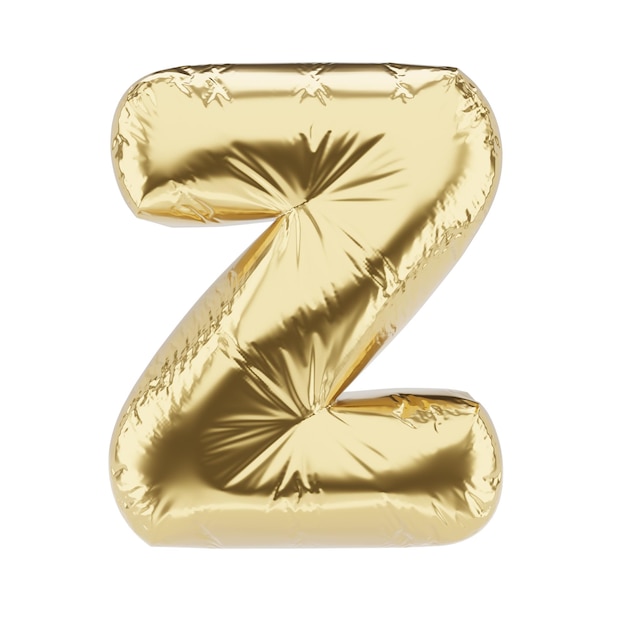 Letter Z made of golden foil inflatable balloon isolated on white background 3D rendering illustration