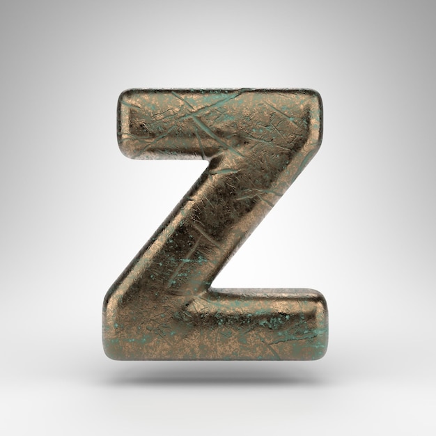 Letter Z uppercase on white background. Bronze 3D rendered font with oxidized scratched texture.