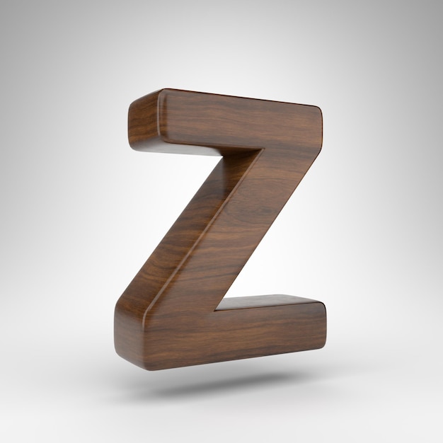 Прописные буквы Z на белом фоне. 3D шрифт из темного дуба с коричневой текстурой дерева.