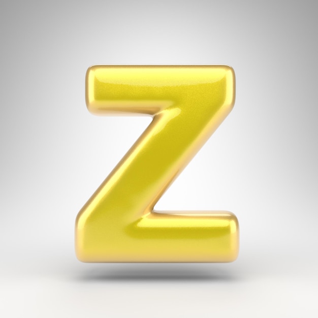 Letter Z uppercase on white background. Yellow car paint 3D rendered font with glossy metallic surface.