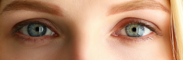 Letterbox view of pretty female grey green coloured amazing eyes close-up