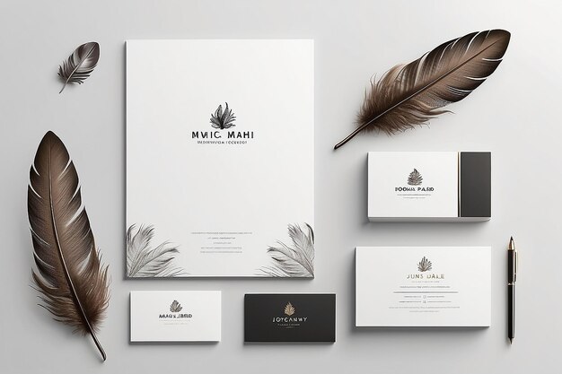 Letterhead business card scene mockup top view with decor elements feathers and blank copy