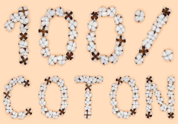 Photo lettering 100 coton from french language means cotton made of cotton flowers concept of organic