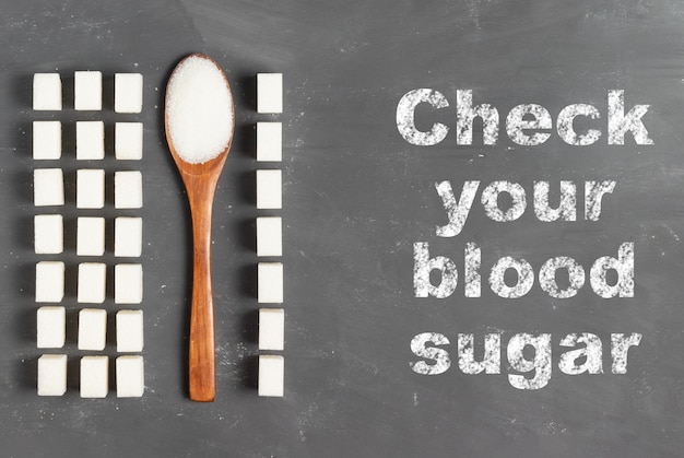 Lettering Check your blood sugar level with chalk on a gray background