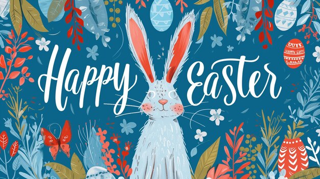 Photo lettering happy easter on holiday easter blue background bunnies and eggs easter banner