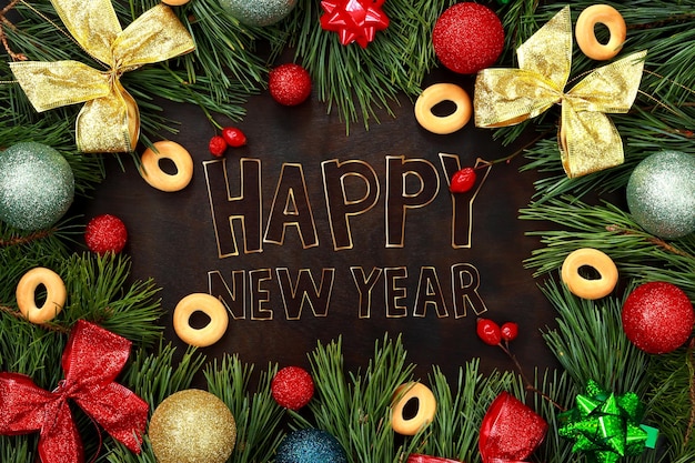 Lettering happy new year in gold outline frame of fir and pine branches