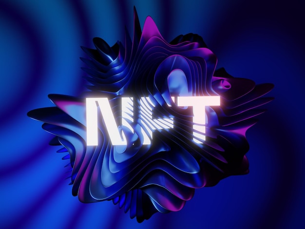 Lettering NFT in the blue metallic wavy layered structure on the blur background