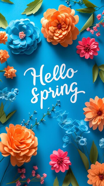 Lettering spring season with plants leaves and colorful flowers Hello spring 1 march concept