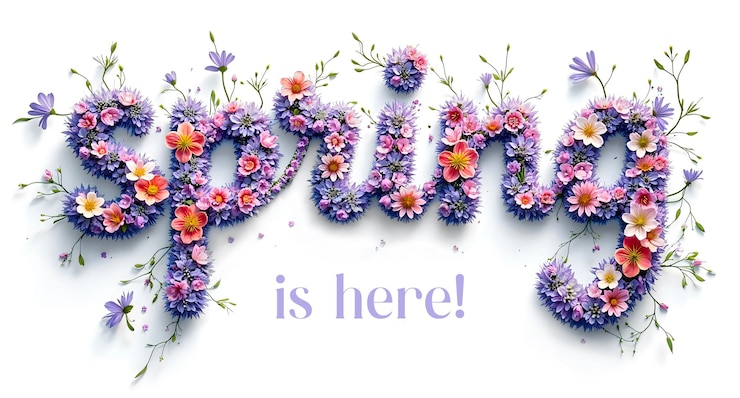 Photo lettering spring text with flowers spring is here hello spring