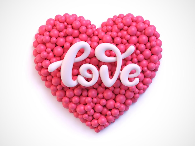 Lettering word Love with pink balls in shape of heart isolated on white background. Valentine's Day