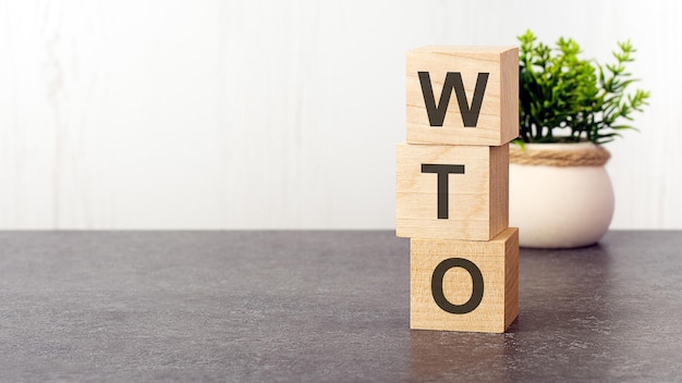 Letters of the alphabet of WTO on wooden cubes green plant white background