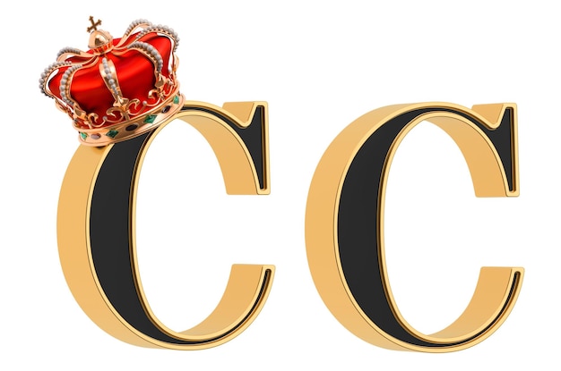Letters C with gold crown and without black font with golden border 3D rendering