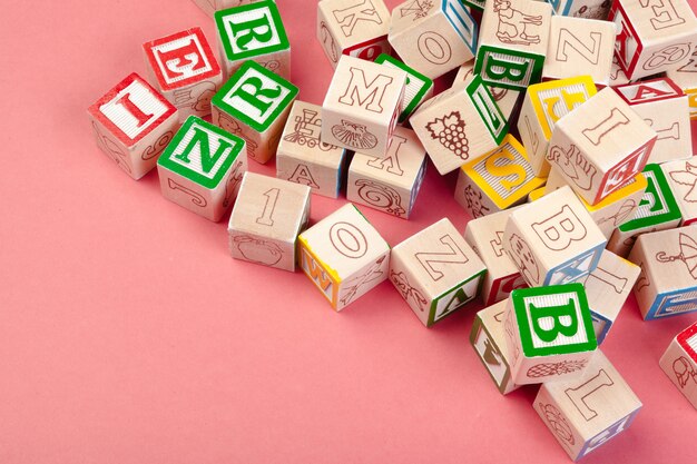 Letters cubes. Wooden cubes with letters with copy space