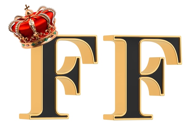 Letters F with gold crown and without black font with golden border 3D rendering