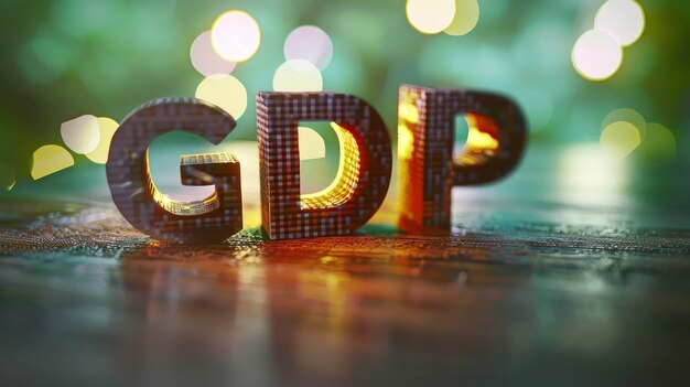 The letters GDP on a wooden table with a blurred green pastel background