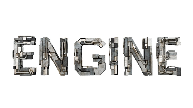 Photo letters of the word engine metallic typography built with mechanical parts steampunk style