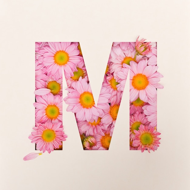 Lettertypeontwerp, abstract alfabet lettertype met roze bloem, realistische bloemtypografie - M.