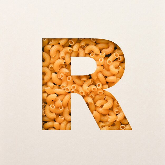 Lettertypeontwerp, abstract alfabetlettertype met elleboogmacaroni, realistische voedseltypografie - R.