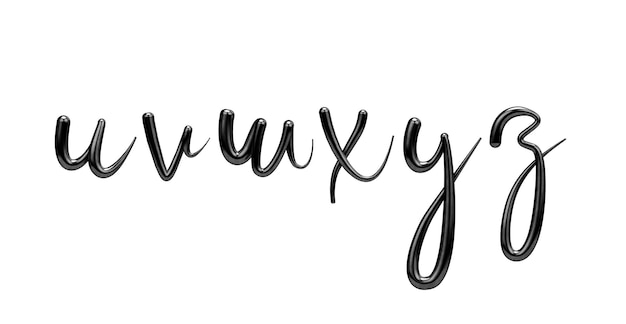Lettes uvwxyz zwart handgeschreven script lettertype 3D Rendering