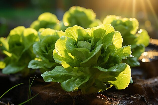 Photo lettuce field spring blossoms