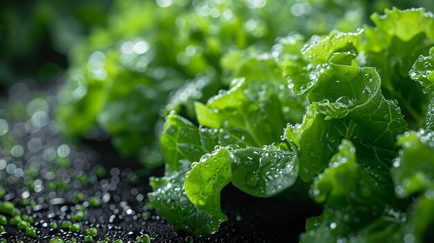 lettuce growing in a field with water drops