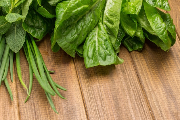 Lettuce leaves romaine and green onions.