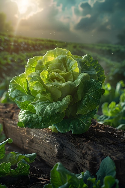 A lettuce plant thrives on wood in a field blending with the natural landscape