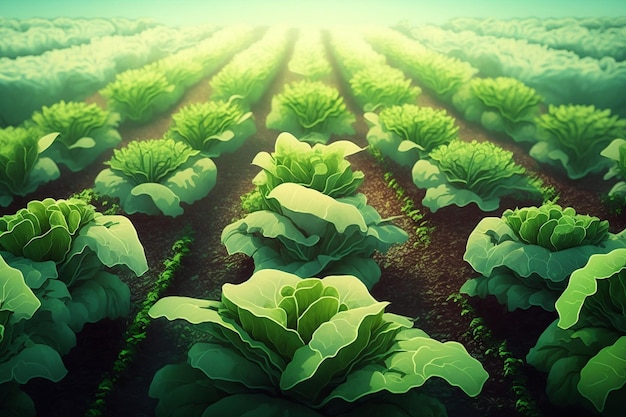 Lettuce Plantation Background Growing and Harvesting Fresh Lettuce Healthy Natural Food and Vegetable Concept Generative Ai