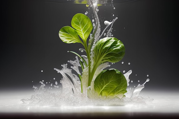 Photo lettuce salad and water splash on a dark background freeze motion drops generative ai