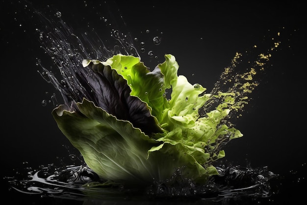 Lettuce vegetables splash isolated on black background