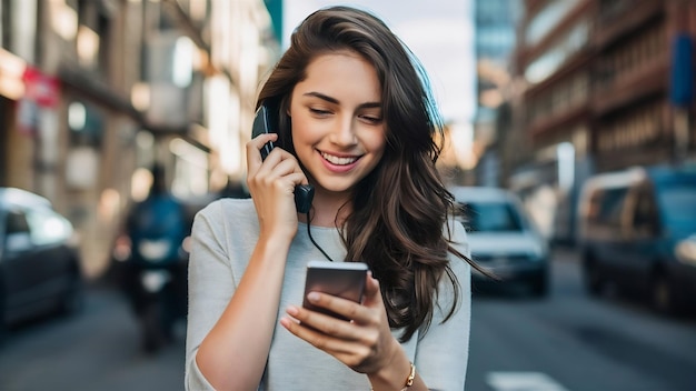 Leuk brunette meisje benoemt telefoonnummer houdt moderne smartphone chats in sociale netwerken sen