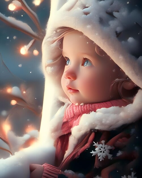 Leuk geanimeerd meisje met sneeuwval.